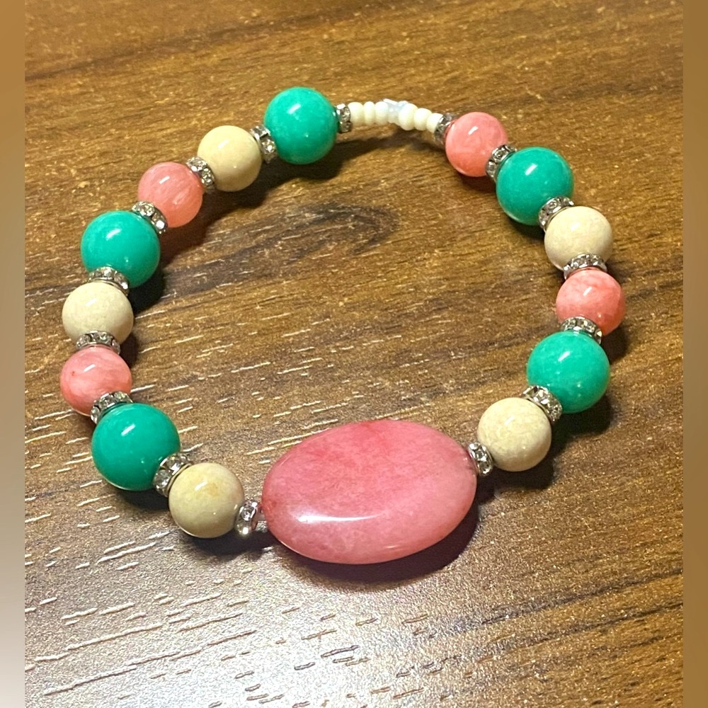 Hand Crafted Bracelet W/ Fire & Ice Quartz, Green Onyx & Rhinestone Accents
